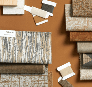 Fabric samples in various colors and patterns.